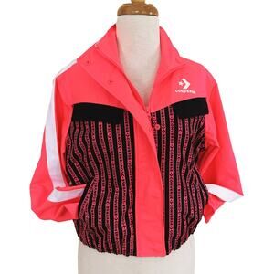Converse Track Jacket Neon Pink Black Spellout High Neck Zip Up Snap Button Sz S